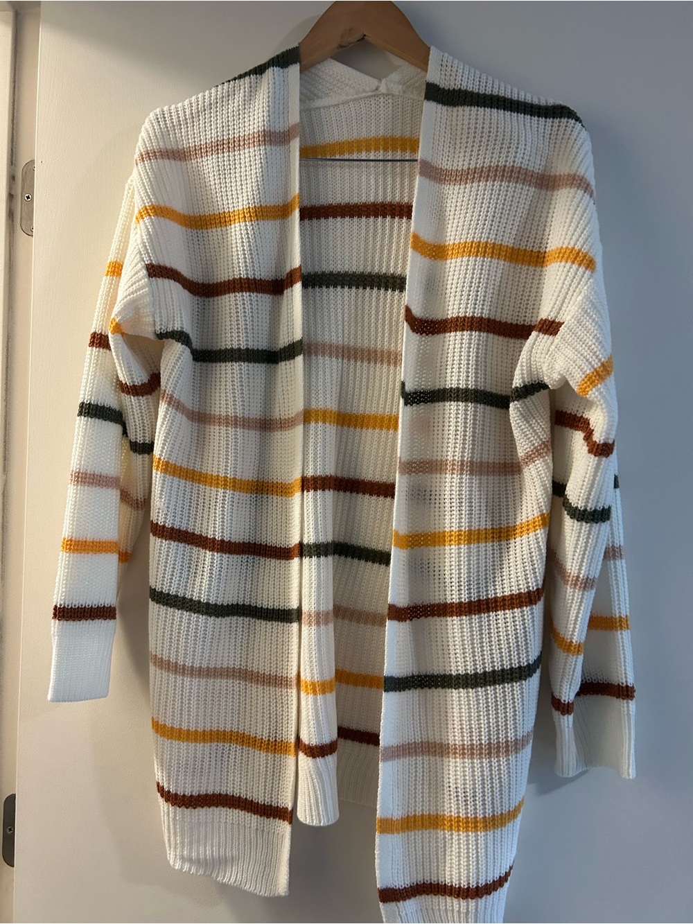 Open-Front White Striped Knit Cardigan - Women's Sweater